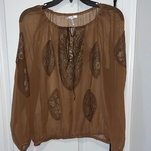 Metro 7 Sheer Brown Peasant Boho Blouse with Gold Lace Accents size XL